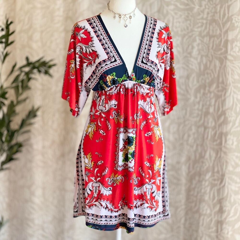 NWOT Miss Mima Red Scarf Print Dress Top Baroque Boho Resortwear Mini Tunic Sz S